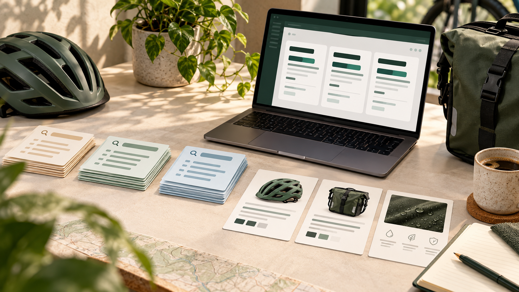 Cycling helmet and pannier beside a laptop displaying ad layouts and product cards